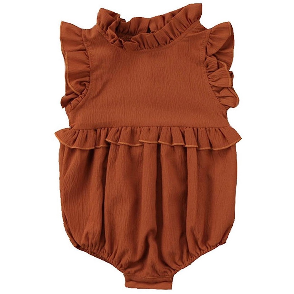 The MADISON Baby Girl Ruffle Bubble Romper in Rust